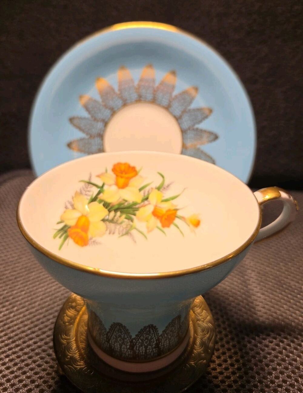 Aynsley Fine English Bone China Turquoise Blue and Gold Tea Cup and Saucer Set